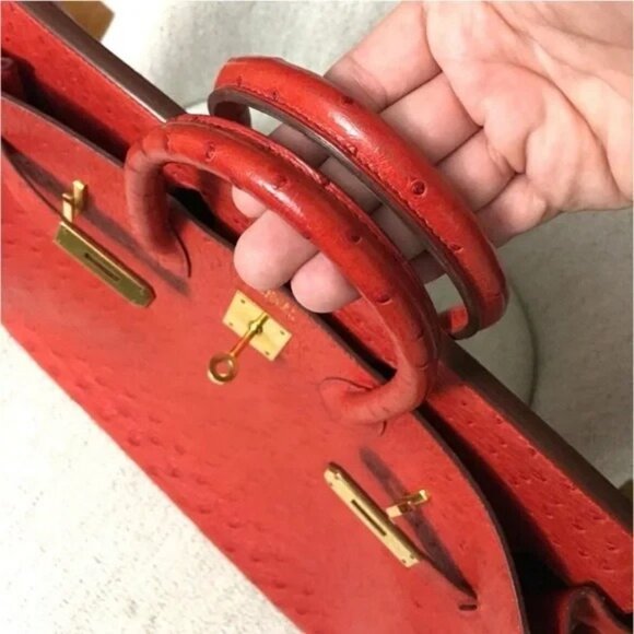 Authentic RARE HERMES Hac Birkin 32 bag Ostrich leather Rouge Vif red - Picture 5 of 11